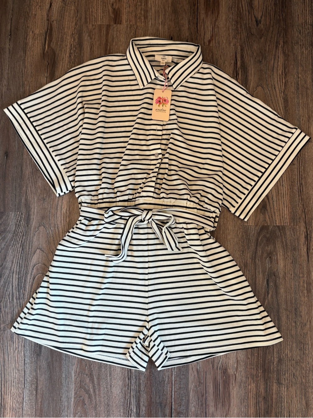 entro Black & White Striped Short Sleeve Romper with Tie Waist